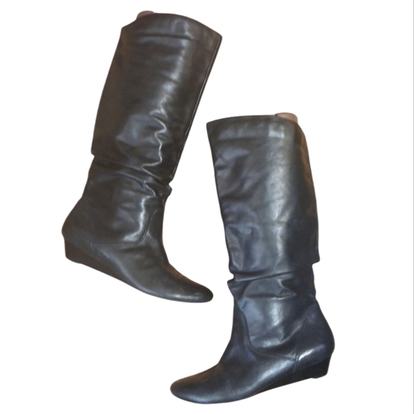 Nine West Tecce Wide Black Leather Knee High Boots Tall Slouch Wedge Boots 7.5 - Picture 1 of 15